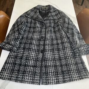 ELLEN TRACY Houndstooth Wool Blend Pea Coat Black Ivory Textured Lined Sz 14 NWT